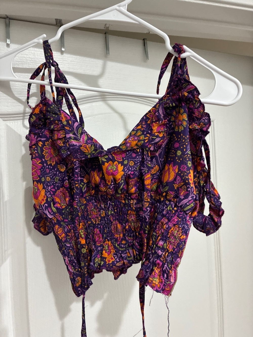 Gardenbelle Purple Floral Smocked Crop Top with Tie Straps